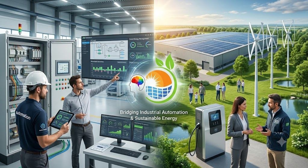 Collage bridging industrial automation and sustainable energy — control panels, smart energy dashboards, solar rooftop and wind turbines