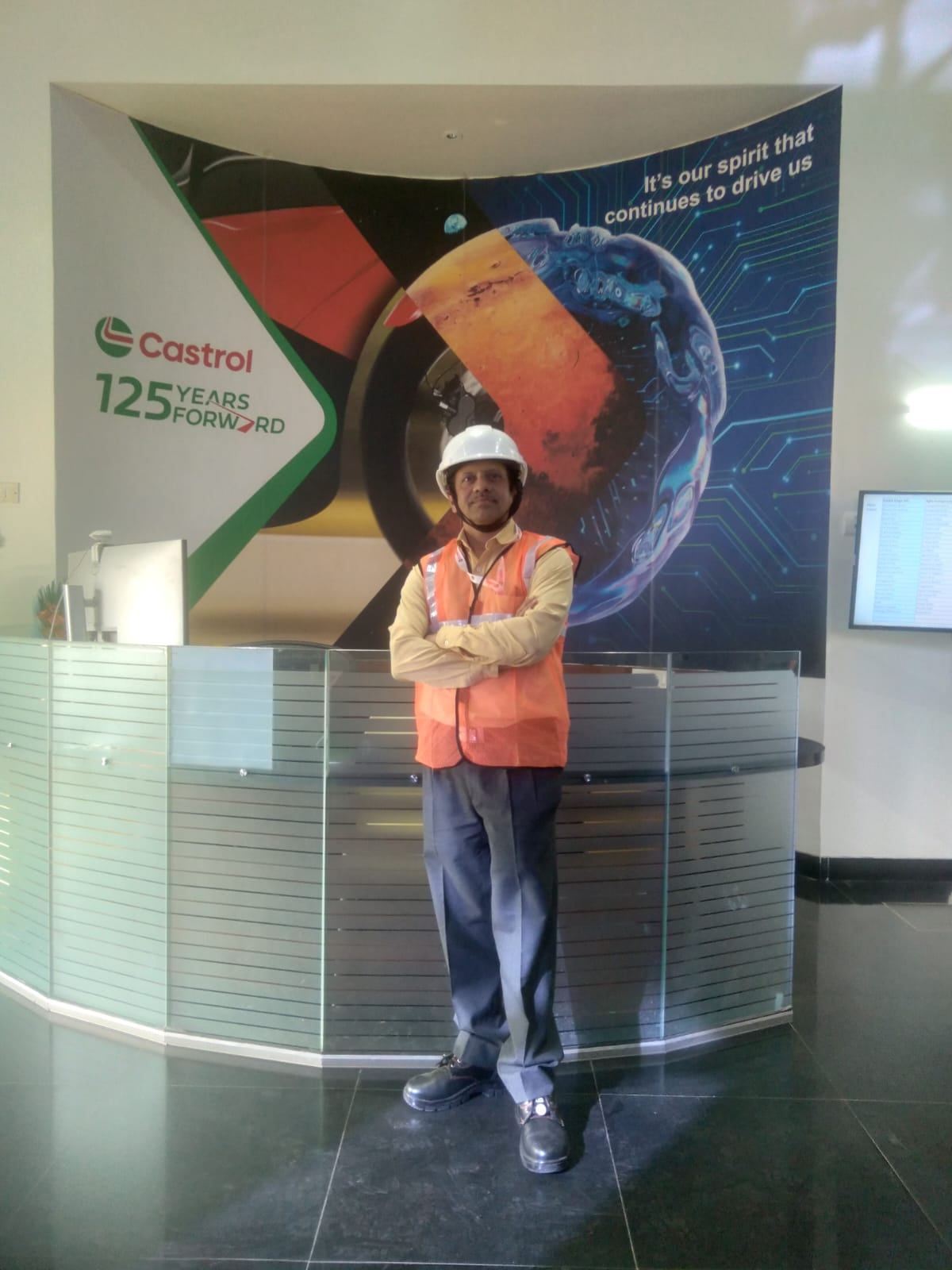 SSI Renewables engineer in safety gear at the Castrol plant reception
