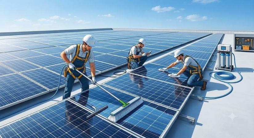 Technicians cleaning and maintaining rooftop solar panels