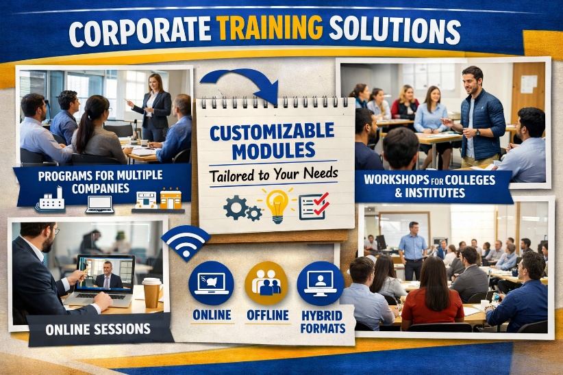 Corporate training solutions collage — customizable modules in online, offline and hybrid formats