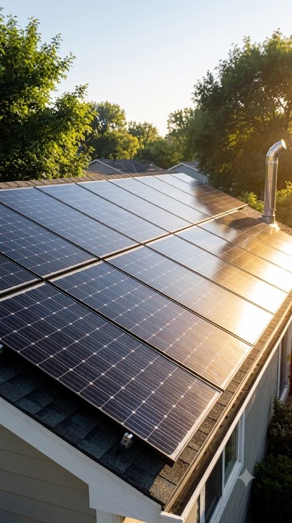 Rooftop solar panel installation in warm sunlight